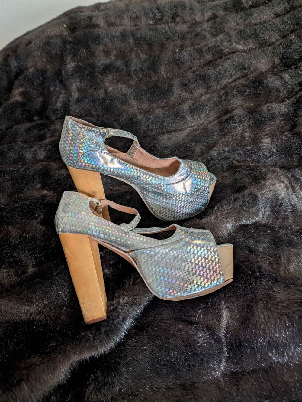 EPC Jeffrey Campbell Foxy Wood Silver Square Hologram Iridescent Platform Shoe 8